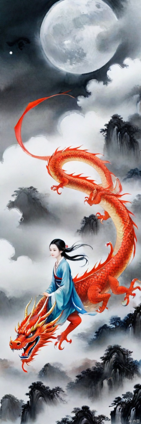  traditional ink chinese painting art, a beautiful lady flying on sky,a red eastern dragon flying on sky, cloud, misty, moon, jewelery, full body, traditional,,,,<lora:660447824183329044:1.0>