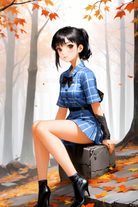  masterpiece, best quality, very detailed CG unified 8k wallpaper, (Concept Style :1.5) (complex detail) (Advanced color) Concept virtual figure's , 1 chinese girl,solo,
 looking at viewer, sitting, full body, strappy heels,plaid shirt, short sleeves,jacket, bow, bangs, low ponytail, black hair, ((autumn, outdoors, day, forest, falling leaves, bird, leaf)), (fog, dyntall effect), (wide shot, panorama, full body, depth of field),(Flagstone road,branches)
, g006,,,<lora:660447824183329044:1.0>