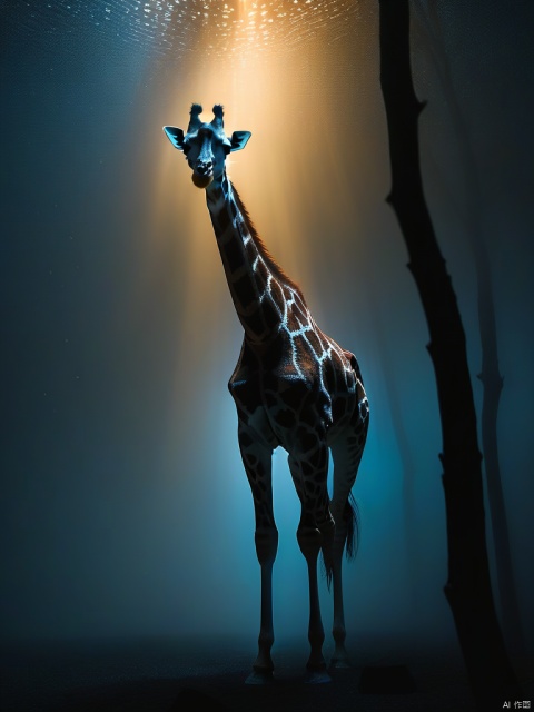 dark silhouette of an ethereal shadow of a Giraffa | appearing in the mist | chiaroscuro | dark golden palette | 8K; darkness; shadow silhouette

dramatic,Backlighting,soft contrast,cinematic,hyperdetailed photography,texture,fog,vignette,black and brown color palete,particles,water reflection,depth of field,bokeh,85mm 1.4,rain,sunset,(facing camera:1.1),ray tracing,shadows,ultra sharp,metal,((cold colors)),Epic CG masterpiece,(3D rendering),facing camera,ultra high resolution,(masterpiece),(best quality),(super detailed),(extremely delicate and beautiful),cinematic light,detailed environment,(real),(ultra realistic details:1.5),glass-like sparkling eyes are blurry and dreamy,(finely detailed features),stunning colors,cinematic lighting effects,super wide Angle,light particles,light particle art,glowing,dynamic poses,surreal,futurism,concept art,designed by greg manchess,smoke,trending on art station,photoreal,8 k,octane render by greg rutkowski,art by Carne Griffiths and Wadim Kashin,in the style of Dau-al-Set,Pollock,and inspired by MAPPA and Zdzislaw Beksinski,