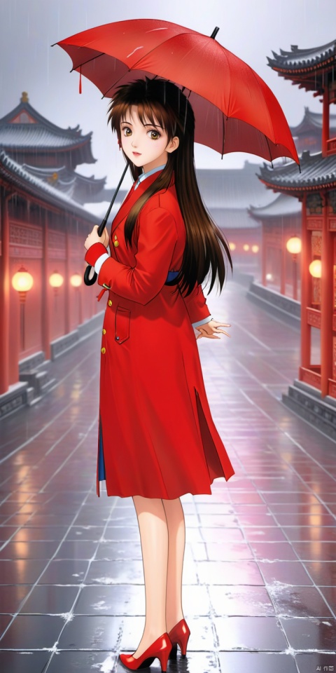  anime girl holding an umbrella in the rain, nightcore ,the Forbidden city,
, retro art style, 90s style
 , g006, g020, hand, g021,