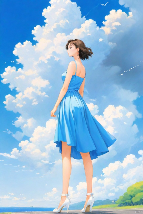  masterpiece, best quality, very detailed CG unified 8k wallpaper, (Concept Style :1.5) (complex detail) (Advanced color) Concept virtual figure's , 1 chinese girl,solo, mature woman, wife,full body,busty,Student looking into the distance, side view, light blue sky, huge white clouds, Miyazaki, large landscape, dreamy fresh colours, flat illustrations, Graphic illustration, distant landscape, dreamy color, summer style ,Student looking into the distance, side view, light blue sky, huge white clouds, Miyazaki, large landscape, dreamy fresh colours, flat illustrations, Graphic illustration, distant landscape, dreamy color, summer style,busty,ashion earrings, skirt, curly hair,White high heels, bare legs, path, high heels, photography,Full Length Shot ,Front View, 
, g006,<lora:660447824183329044:1.0>