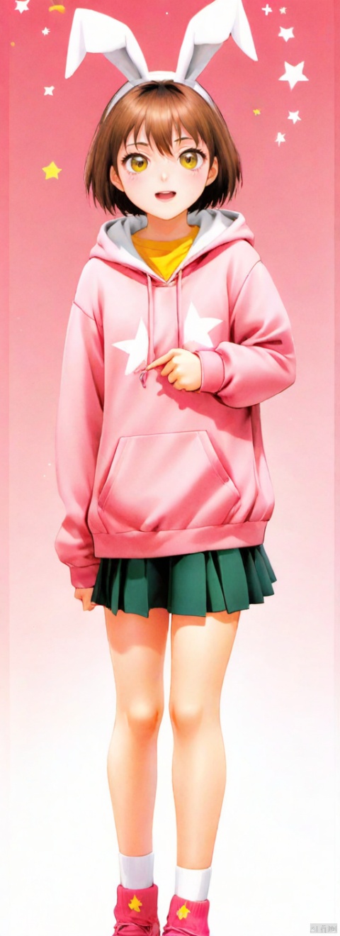  masterpiece, best quality, very detailed CG unified 8k wallpaper, (Concept Style :1.5) (complex detail) (Advanced color) Concept virtual figure's , 1 chinese girl,solo, animal_costume, animal_hood, antenna_hair, blush, brown_hair, bunny_hood, green_eyes, hood, hood_up, hooded_sweater, hoodie, kero, kinomoto_sakura, looking_at_viewer, open_mouth, pink_background, school_uniform, serafuku, short_hair, smile, socks, star_\(symbol\), star_print, starry_background, tail, tomoeda_elementary_school_uniform, v, wings, yellow_hoodie,shoes ,
, g006,,<lora:660447824183329044:1.0>