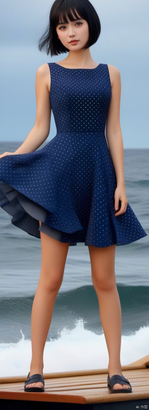  A young, sweet confident girl with black short, neatly cut bob with straight-across bangs. A very petite tiny stature, absolute masterpiece, A long blue dress with large white dots,8k UHD resolution, outside of tavern looking over the ocean. very slim Pretty round young face, very cute, photorealistic, cinema scene, flatchest. Full body portrait. She stands on a large wooden raft with no roof, on the ocean. Among large boats in trouble on a stormy ocean seen in the background. Textured skin, Natural skin, 
, hand, g021, g018, g009