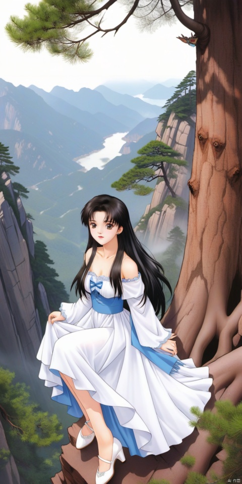 Anime girl is wearing an off-shoulder white dress and white travel shoes. black long hair. Under the Yingke pine in Huangshan Mountain, the Yingke pine has forked branches.

, retro art style, 90s style
 , g020, hand,


