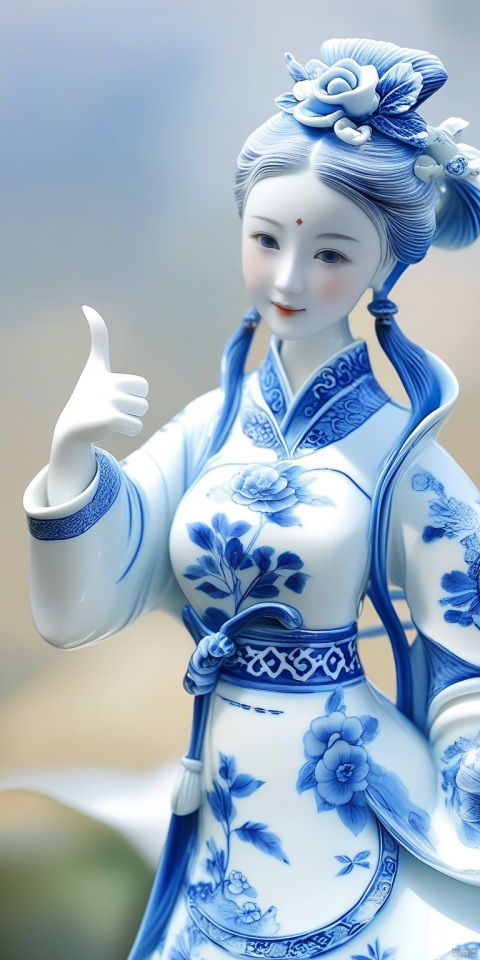 porcelain,1girl,
hand makes the gesture of thumbs up,fingers , hand, g020,Blue_and_white_porcelain,white porcelain