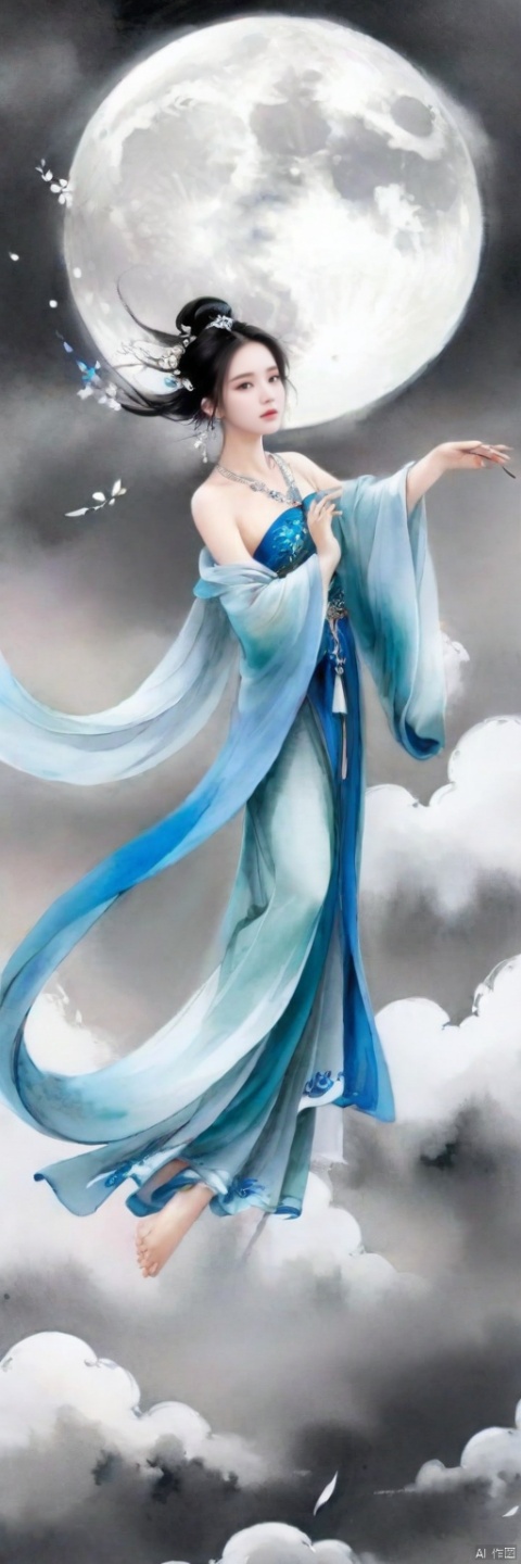  traditional ink chinese painting art, a beautiful lady flying on sky, cloud, misty, moon, jewelery, full body, traditional,<lora:660447824183329044:1.0>