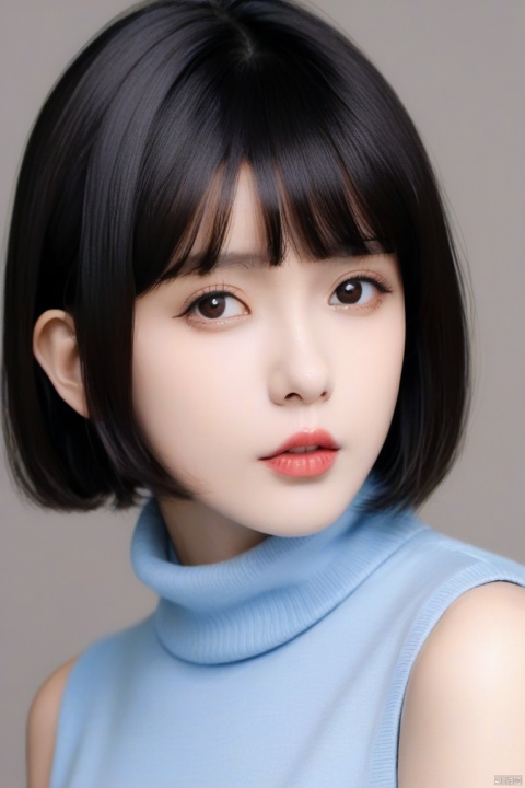  masterpiece,bestquality,8k,4k,
 1girl, solo, black hair, looking at viewer, turtleneck, parted lips, bangs, short hair, sweater, upper body, brown eyes, lips, grey background, blunt bangs, turtleneck sweater, simple background, sweater, sleeveless, g009,