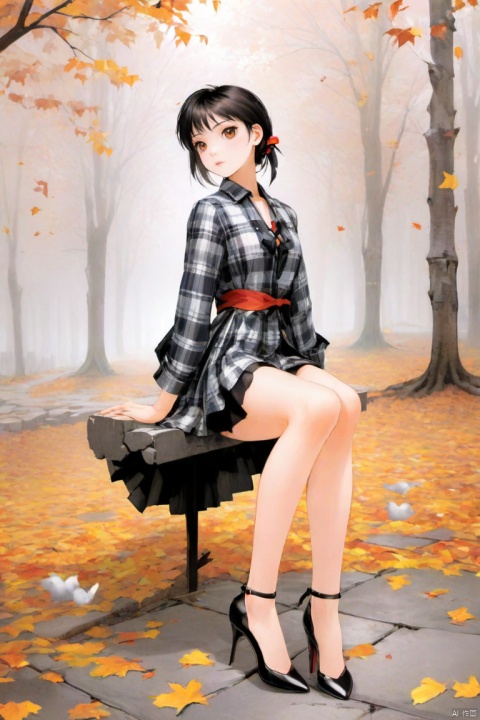  masterpiece, best quality, very detailed CG unified 8k wallpaper, (Concept Style :1.5) (complex detail) (Advanced color) Concept virtual figure's , 1 chinese girl,solo,
 looking at viewer, sitting, full body, strappy heels,plaid shirt, short sleeves,jacket, bow, bangs, low ponytail, black hair, ((autumn, outdoors, day, forest, falling leaves, bird, leaf)), (fog, dyntall effect), (wide shot, panorama, full body, depth of field),(Flagstone road,branches)
, g006,<lora:660447824183329044:1.0>