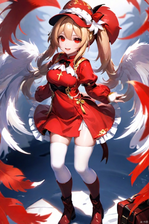  masterpiece, best quality, very detailed CG unified 8k wallpaper, (Concept Style :1.5) (complex detail) (Advanced color) Concept virtual figure's ,
1 chinese girl,solo,
Genius_Invokation_TCG_Character_Cards, 1girl, klee_\(genshin_impact\), dress, hat, twintails, red_headwear, long_sleeves, solo, knee_boots, low_twintails, red_dress, ahoge, open_mouth, smile, backpack, hat_feather, boots, dodoco_\(genshin_impact\), white_feathers, ribbed_legwear, bangs, long_hair, red_eyes,
 ,g004,,,,,<lora:660447824183329044:1.0>