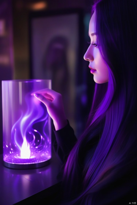  a pitch black setting with a silhoutte of a beautiful long haired woman lit up by a purple hue, magical, silhouette, purple theme, abstract, purple neon, beautiful, perfect anatomy, reflection, retraction, ephemeral, purple flame hair , zavy-hrglw, neon purple hair
, hand, g009, g019