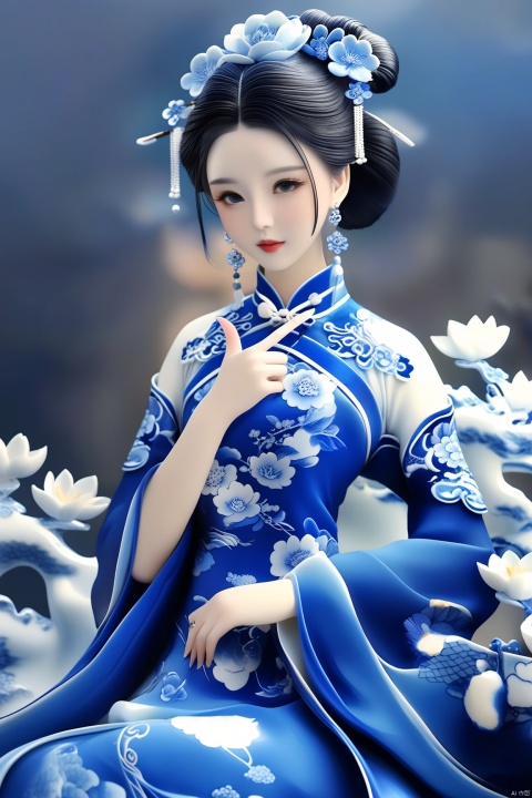 (porcelain:1.2),1girl,solo,simple background,black hair,hair ornament,black background,dress,jewelry,upper body,flower,earrings,hair flower,hair bun,lips,makeup,colored skin,chinese clothes,portrait,
hand makes the gesture of thumbs up,fingers , hand, g020,Blue_and_white_porcelain