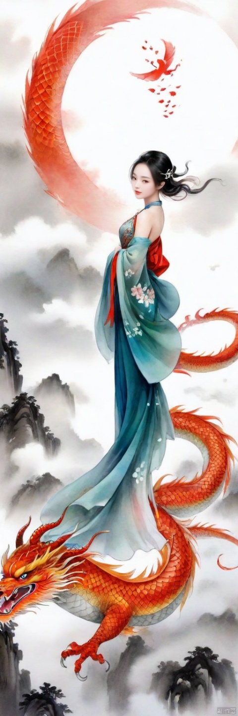  traditional ink chinese painting art, a beautiful lady flying on sky,a red eastern dragon flying on sky,  cloud, misty, moon, jewelery, full body, traditional,,<lora:660447824183329044:1.0>