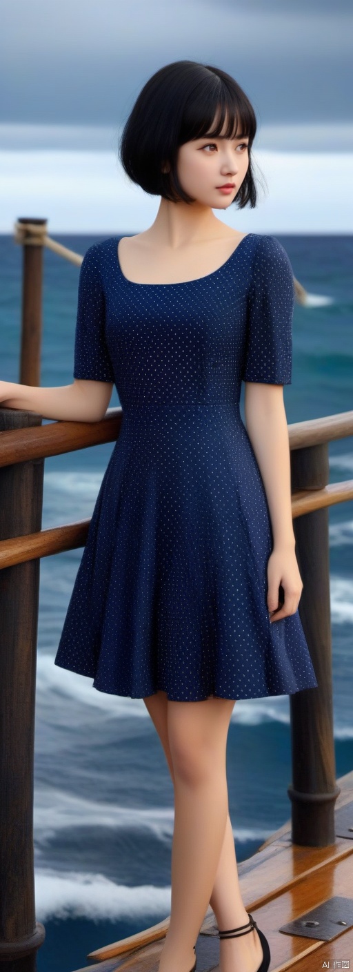  A young, sweet confident girl with black short, neatly cut bob with straight-across bangs. A very petite tiny stature, absolute masterpiece, A long blue dress with large white dots,8k UHD resolution, outside of tavern looking over the ocean. very slim Pretty round young face, very cute, photorealistic, cinema scene, flatchest. Full body portrait. She stands on a large wooden raft with no roof, on the ocean. Among large boats in trouble on a stormy ocean seen in the background. Textured skin, Natural skin, 
, hand, g021, g018, g009