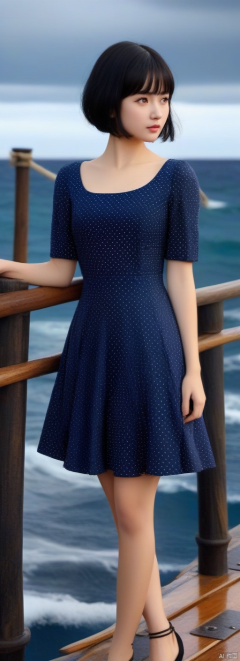  A young, sweet confident girl with black short, neatly cut bob with straight-across bangs. A very petite tiny stature, absolute masterpiece, A long blue dress with large white dots,8k UHD resolution, outside of tavern looking over the ocean. very slim Pretty round young face, very cute, photorealistic, cinema scene, flatchest. Full body portrait. She stands on a large wooden raft with no roof, on the ocean. Among large boats in trouble on a stormy ocean seen in the background. Textured skin, Natural skin, 
, hand, g021, g018, g009