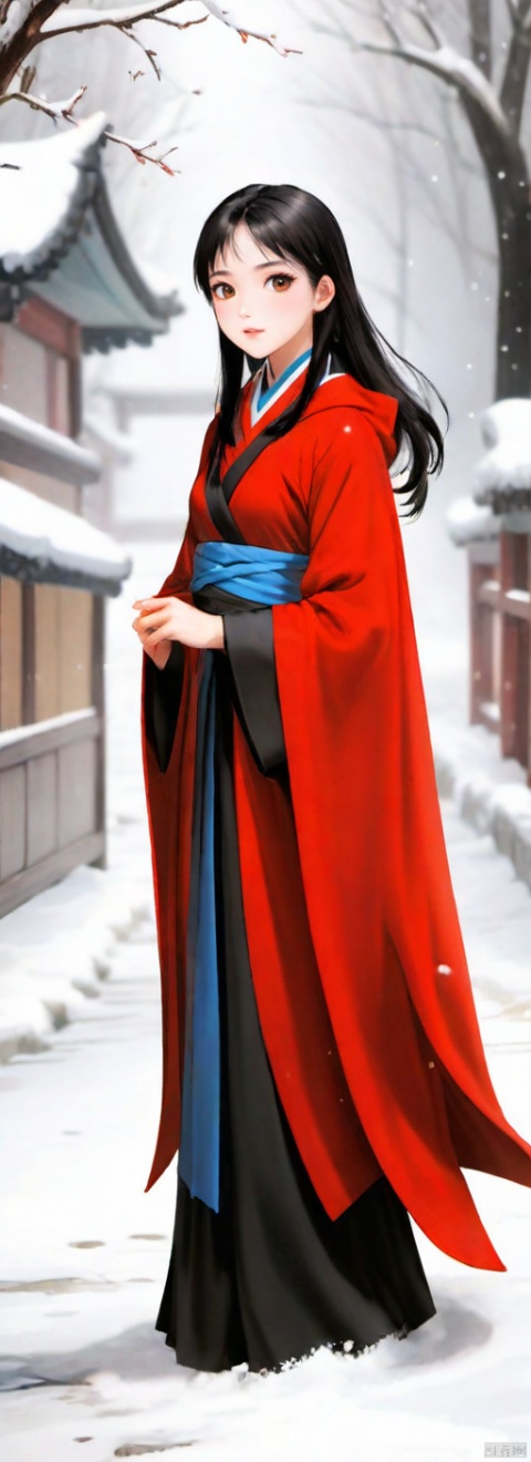  masterpiece, best quality, very detailed CG unified 8k wallpaper, (Concept Style :1.5) (complex detail) (Advanced color) Concept virtual figure's , 1 chinese girl,solo,
1girl, black hair,Beautiful face, Red cape,full body,Heavy snowfall, wearing Hanfu, on a secluded path, posing in various poses to take photos,outdoors,snow,snowing,solo,winter,Master lens, golden ratio composition
, g006,,,,,<lora:660447824183329044:1.0>