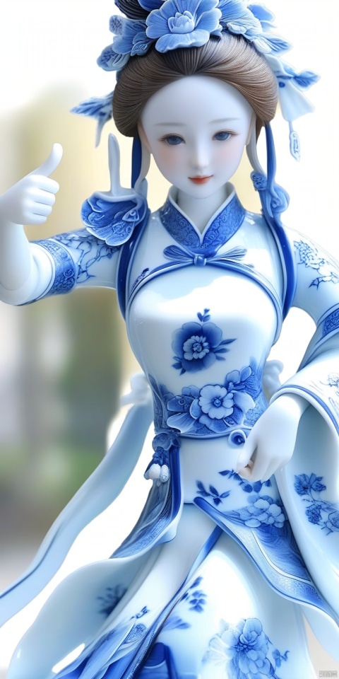 porcelain,1girl,
hand makes the gesture of thumbs up,fingers , hand, g020,Blue_and_white_porcelain,white porcelain