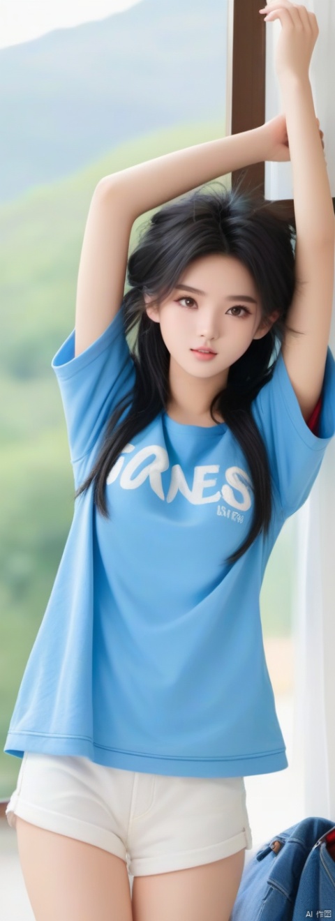  best quality, masterpiece, realistic, detailed, too cute to be true, 22 years old, medium full body, messy hair,black hair, baggy clothes, armpit, hand, g006