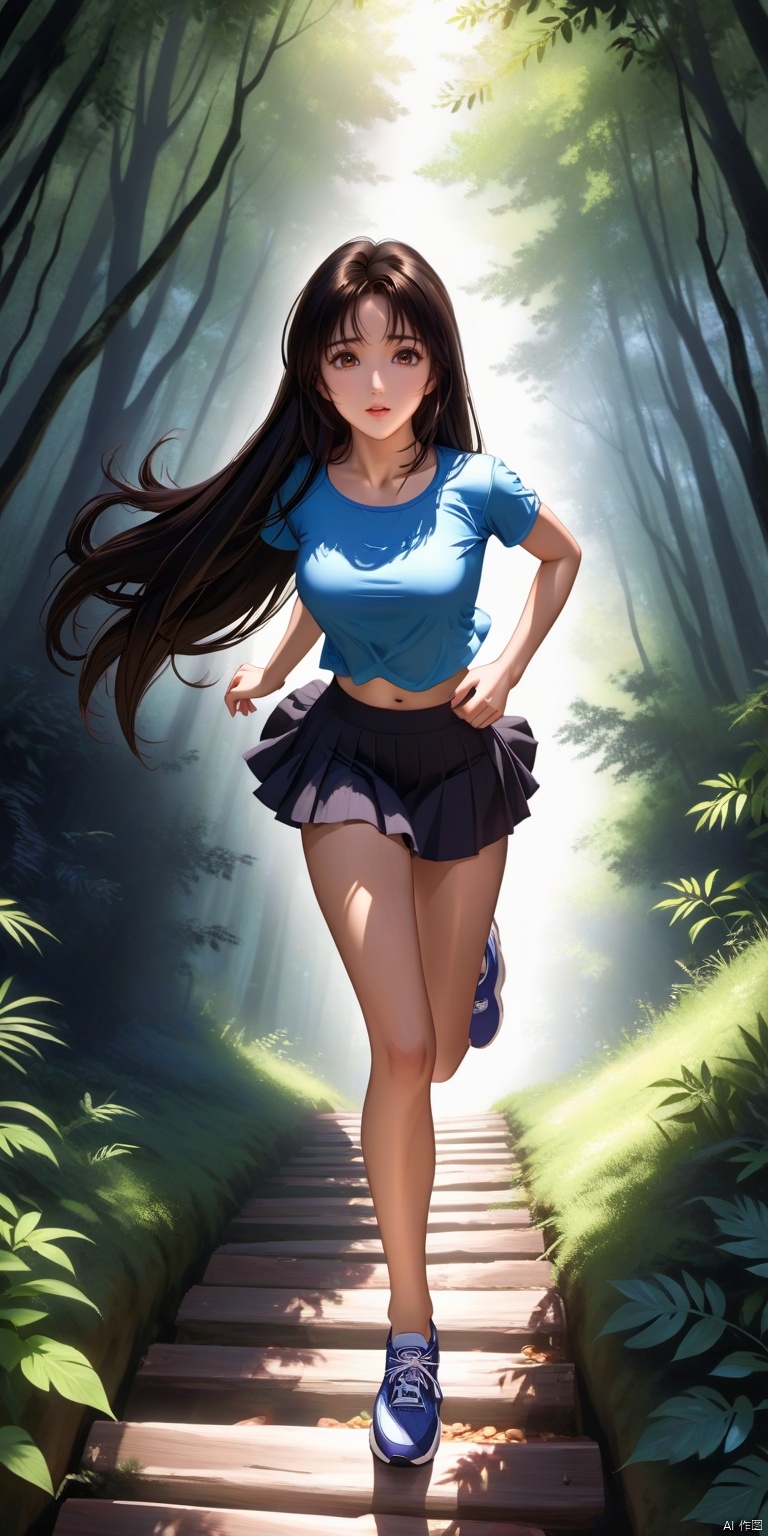 Realistic, high quality, complex light and shadow, photo, 1 girl, solo, long hair, wide mouth, skirt, background in forest, black hair, brown eyes, full body, yoga pants, travel shoes, running on the path, very tourist,
 , g021, g004, 