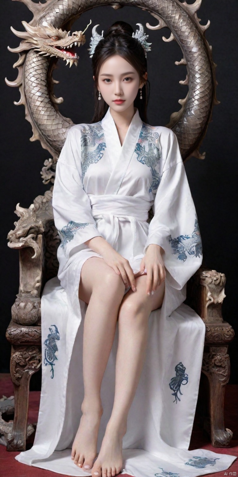  masterpiece, best quality, 1 chinese girl, 
Luxurious palace background, high ponytail, sitting on a high throne, (delicate noble cheeks, little dragon horns on the head), raising bare feet to reveal the white soles of the feet, resting on the armrest of the throne, (lively dragon), (wearing loose robes with a lovely dragon tattooed on the robe), bare feet, delicate bare feet,
g002,,,<lora:660447824183329044:1.0>