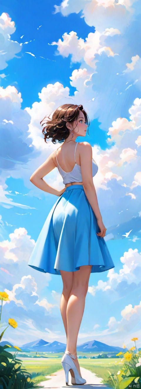  masterpiece, best quality, very detailed CG unified 8k wallpaper, (Concept Style :1.5) (complex detail) (Advanced color) Concept virtual figure's ,
1 chinese girl,solo,
mature woman, wife,full body,busty,Student looking into the distance, side view, light blue sky, huge white clouds, Miyazaki, large landscape, dreamy fresh colours, flat illustrations, Graphic illustration, distant landscape, dreamy color, summer style ,Student looking into the distance, side view, light blue sky, huge white clouds, Miyazaki, large landscape, dreamy fresh colours, flat illustrations, Graphic illustration, distant landscape, dreamy color, summer style,busty,ashion earrings, skirt, curly hair,White high heels, bare legs, path, high heels, photography,Full Length Shot ,Front View,
 ,g004,,,,,<lora:660447824183329044:1.0>