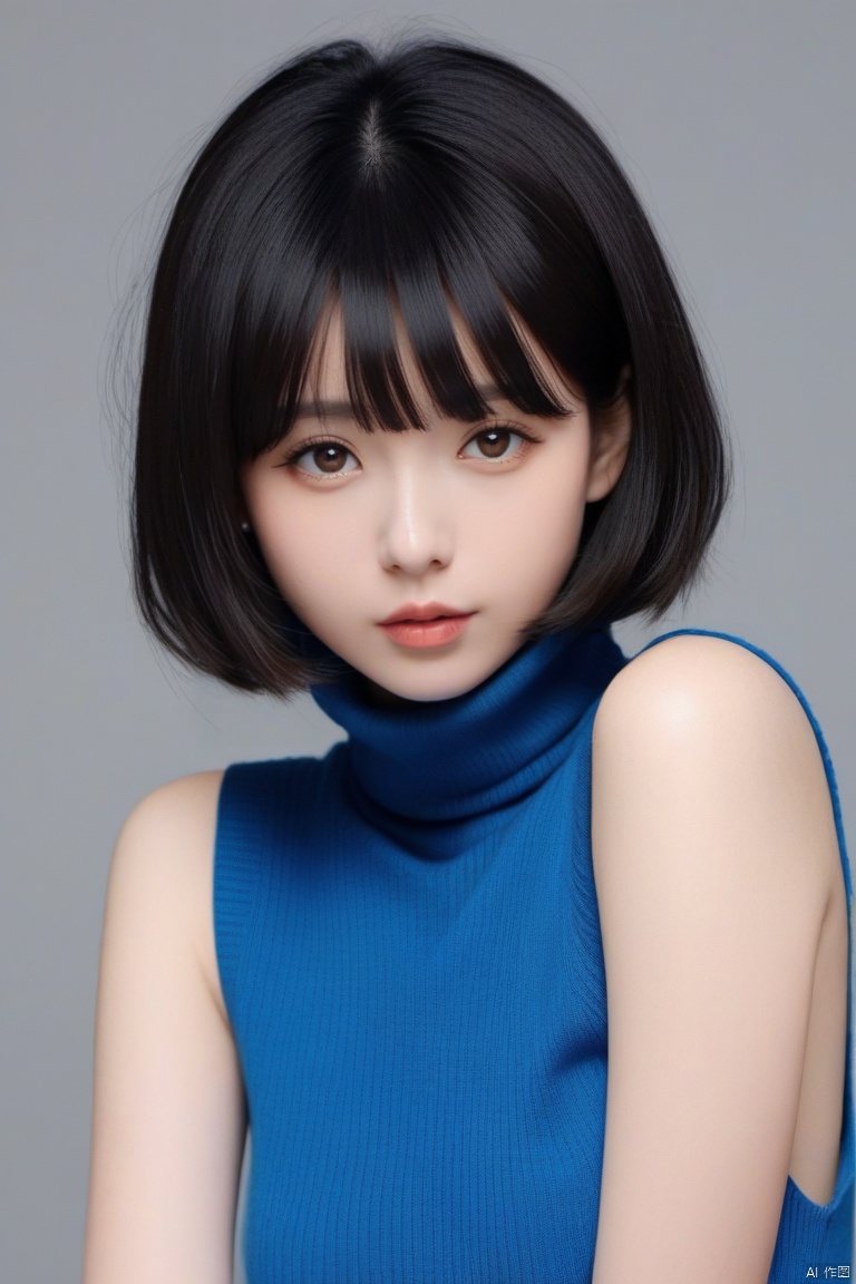  1girl, solo, black hair, looking at viewer, turtleneck, parted lips, bangs, short hair, sweater, upper body, brown eyes, lips, grey background, blunt bangs, turtleneck sweater, simple background, sweater, sleeveless, g009,,,