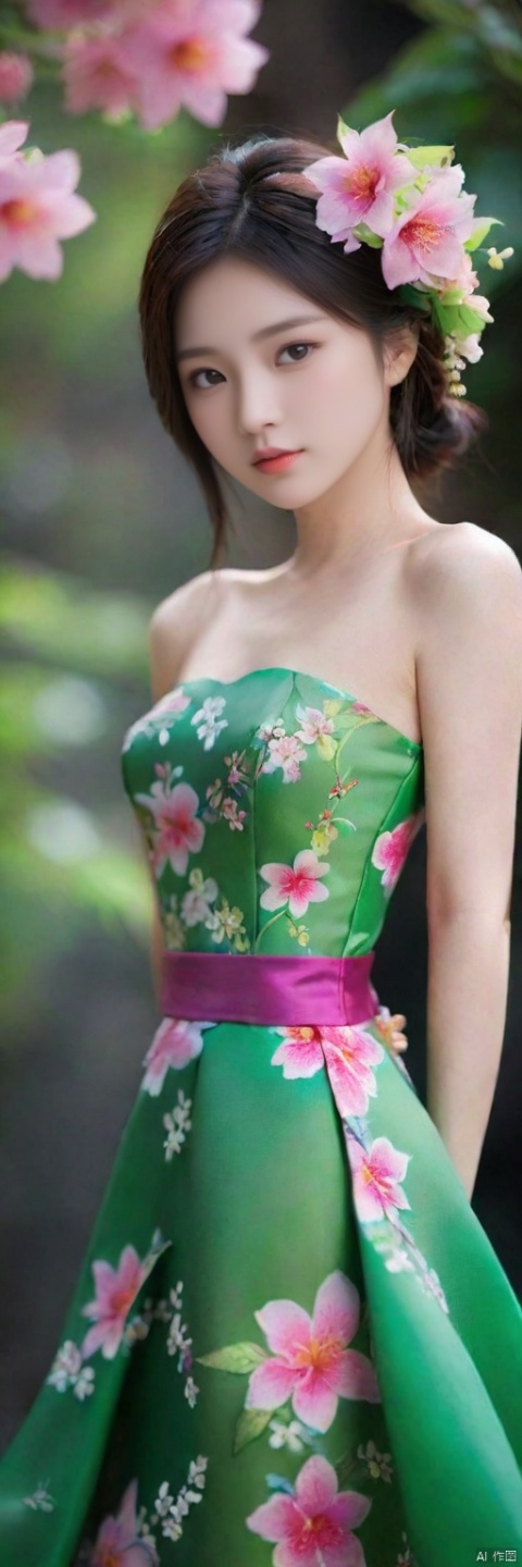  masterpiece, best quality, 1 chinese girl,  flower dress, colorful, darl background,flower armor,green theme,exposure blend, medium shot, bokeh,g002,<lora:660447824183329044:1.0>