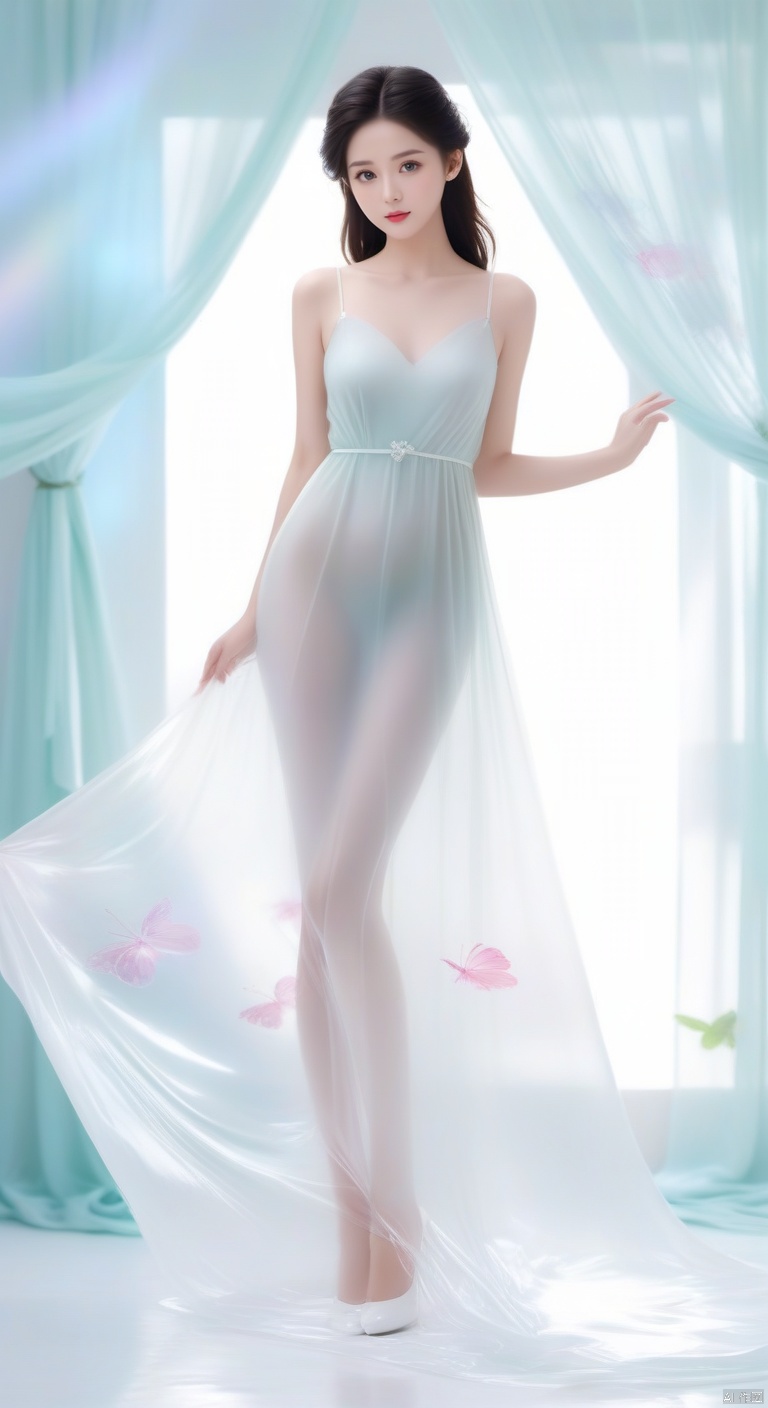 Create an image where a beautiful woman fullbody character with simple face and lovely dress is embedded in a glossy, plastic film-like material. The material should have a soft and smooth texture, appearing almost edible, with light reflections to emphasize its solid nature. The background is monochromatic. The image should have the same angle and a similar colorful effect. minimalist, simple background,, hand, g020