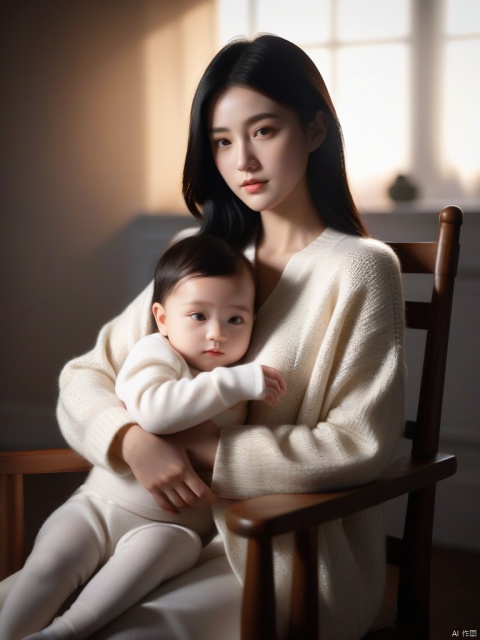  A girl with black hair, sitting on a chair, in a white sweater, holding a little baby in her arms, indoors, warm light.

dramatic,Backlighting,soft contrast,cinematic,hyperdetailed photography,texture,vignette,black and brown color palete,particles,depth of field,bokeh,85mm 1.4,,(facing camera:1.1),ray tracing,shadows,ultra sharp,metal,((cold colors)),Epic CG masterpiece,(3D rendering),facing camera,ultra high resolution,(masterpiece),(best quality),(super detailed),(extremely delicate and beautiful),cinematic light,detailed environment,(real),(ultra realistic details:1.5), hand, g021