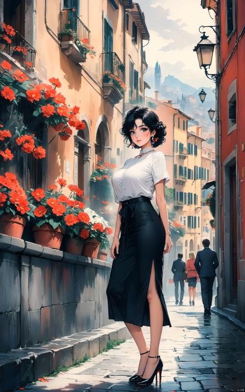  (masterpiece), (best quality), illustration, ultra detailed, hdr, Depth of field, colorful,1980,Italy,old city,street,1girl, full body, flower,black hair,big eyes,beatiful face,big breasts,Fashionable wave hairstyle, modern white-collar hairstyle, light makeup with a bright red lining, minimalist jewelry, wearing a low cut white short sleeved shirt, black short suit skirt, high heels