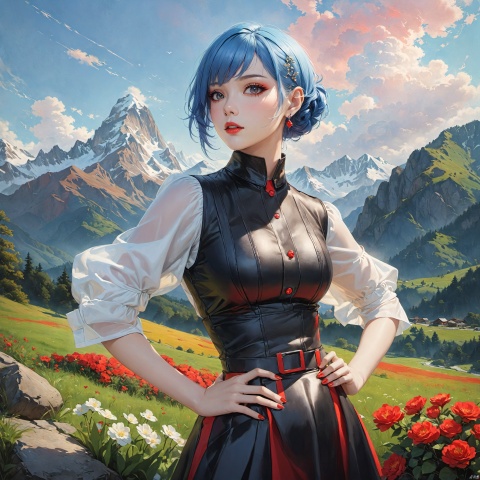  (realistic:1.3),masterpiece,best quality,masterpiece,best quality,realistic style,highest detailed,blue hair,(rem:1.5),
1 girl,black hair,big eyes,beatiful face,big breasts,Fashionable wave hairstyle, modern white-collar hairstyle, light makeup with a bright red lining, minimalist jewelry, wearing a low cut white short sleeved shirt, black short suit skirt, high heels
Landscape, Mountains, Nature, Clouds, Nature, Leisure, Illustration