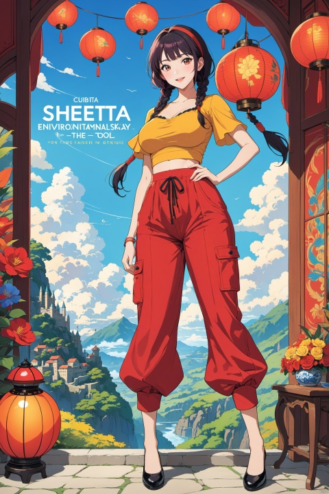 anime art style,by studio ghibli,in style of miyazaki,1girl,pov,Sheeta,sheeta of Castle in the Sky,Lucita Toel Ul Laputa,Sheeta black hair,braided pigtails with red hair ties,Yellow short sleeved top,(orange cloth waistband),
Twists braids,short Twists braids,knickerbockers,loose red pants,Red cloth headband,(Loose red lantern pants:1.2),black flat shoes,revealing ankles,red hairbands,smiling,curious and adventurous expression,anime style,detailed,vibrant colors,
long legs,big breasts,slender waist,
- High-quality photography,
- Master's work,
- Detailed face description,
- 1boy,solo,
- Sexy pose,
- Fashionable woman,
- Vibrant colors,
- Confident expression,
- Majestic environmental elements,
- Photography,
- Bold text description,
- Catchy headline,
- Stylish font,
- Striking and modern cover design,
- Trendy and attention-grabbing title,
- Center of focus is fashion,youtube logo,ghibli,(line art:0.7),