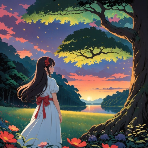  hayao miyazaki (style), comic art style,flat_style,simple_colors,fractal art,
1 girl,24 years old girl,Mature,Domineering lady,Elegant woman,pov,black High heeled,The Ghibli female protagonist,white dress,red bow hair accessory,long hair,
solo,blush,black hair,runing
An enchanting lakeside under the soft glow of twilight, where fireflies dance around an ancient, wise tree, as seen in the warm, dreamy moments of a Studio Ghibli film,
masterpiece,top quality,best quality,official art,beautiful and aesthetic,extremely detailed,
ghibli