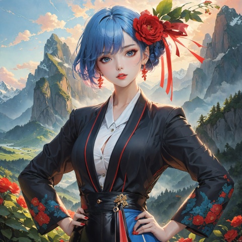  (realistic:1.3),masterpiece,best quality,masterpiece,best quality,realistic style,highest detailed,blue hair,(rem:1.5),
1 girl,black hair,big eyes,beatiful face,big breasts,Fashionable wave hairstyle, modern white-collar hairstyle, light makeup with a bright red lining, minimalist jewelry, wearing a low cut white short sleeved shirt, black short suit skirt, high heels
Landscape, Mountains, Nature, Clouds, Nature, Leisure, Illustration