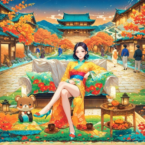 flat_style,simple_colors,masterpiece,{{{best_quality}}},{{ultra-detailed}},Hanfu,Holding a fan,{{1girl}},{{{solo}}},
an_extremely_delicate_and_beautifu,blank_stare,close_to_viewer,breeze,Flying_splashes,Flying_petals,wind,Gorgeous and rich graphics,
symmetrical composition,Beautiful face,looks like tangwei,cute,seductive smile,looking at the audience,big eyes,charming eyes,perfect figure,black hair, Illustration
Dreamy,Sika Deer,Creek,Wooden Bridge, Large Forest Scenes,landscape, outdoors,beautiful house,French window,two-story house,Tadao Ando art style,
Distant snow mountains,and grasslands,
Autumn, red leaves, yellow leaves, Illustration