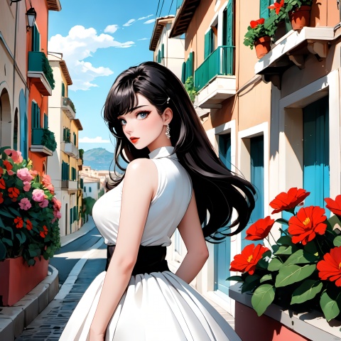  Sicilia, Malena,(masterpiece), (best quality),illustration, ultra detailed, hdr, Depth of field, colorful,1980,
Italy,Seaside streets, blue sky,
1girl,Italian girl, 26 years old,flower,black hair,big eyes,beatiful face,big breasts,Fashionable wave hairstyle, light makeup with a bright red lining, minimalist jewelry, white high heels,mature sister, elegant,White retro Hepburn skirt, niji3