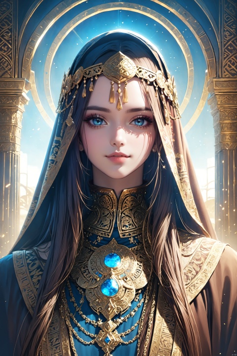 1 girl, realistic art style,Mysticism, cinematic feel, stills, strong contrast, religious color,Extremely high picture quality, photo taking, 8k,
portrait,with striking blue eyes, face and neck adorned with black mysterious symbols. She is wearing a complex gold headpiece that covers her forehead and extends down the sides of her face, composed of multiple metal pieces and chains, reflecting Middle Eastern style. The headpiece includes a central decorative element that rests on her forehead, with additional chains draping over her temples and towards her cheeks. Her attire is a traditional brown cloak with intricate patterns, and the thick fabric gives a layered effect. The overall color palette is warm, dominated by brown and gold hues, with lighting that highlights her face and eyes, giving her a solemn and mysterious appearance, 