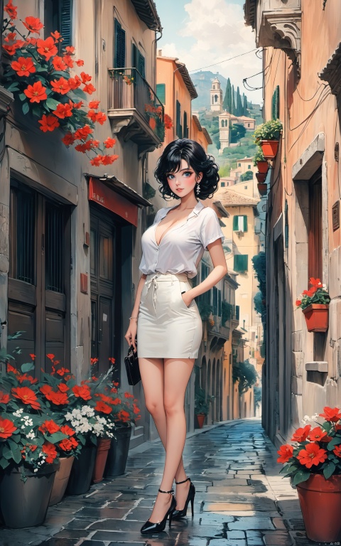 Sicilia, Malena,(masterpiece), (best quality), illustration, ultra detailed, hdr, Depth of field, colorful,1980,Italy,old city,street,1girl, full body, flower,black hair,big eyes,beatiful face,big breasts,Fashionable wave hairstyle, modern white-collar hairstyle, light makeup with a bright red lining, minimalist jewelry, wearing a low cut white short sleeved shirt, black short suit skirt, high heels