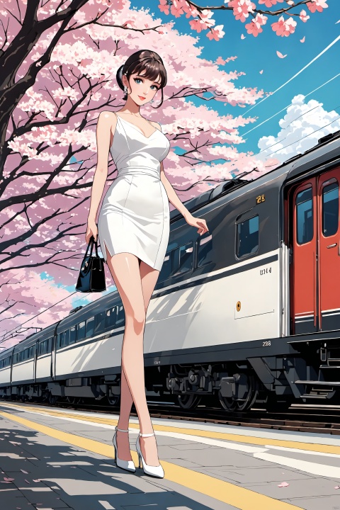  Ukiyoe_style,anime art style,flat_style,simple_colors,masterpiece,{{{best_quality}}},{{ultra-detailed}},{illustration},an_extremely_delicate_and_beautiful}},close_to_viewer,breeze,Gorgeous and rich graphics,flower, cherry blossoms, ground vehicle, scenery, motor vehicle, vehicle focus, train station,train,Travel, confidence, handbag
1 girl,shiny skin,huge breasts,big eyes,beautiful face,looking_at_viewer,smile,perfect figure,(slender waist:1.2),(long legs:1.3),model figure,Illustration,1980s (style),
White dress, like Audrey Hepburn, elegant and sexy posture, high heels,