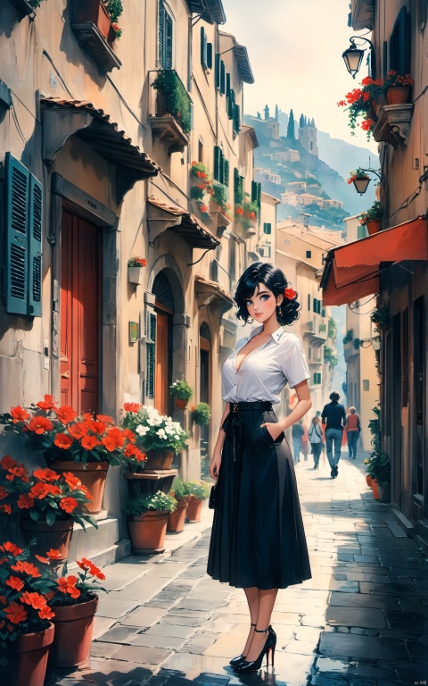  Sicilia, Malena,(masterpiece), (best quality), illustration, ultra detailed, hdr, Depth of field, colorful,1980,Italy,old city,street,1girl,Italian girl, 26 years old,full body, flower,black hair,big eyes,beatiful face,big breasts,Fashionable wave hairstyle, modern white-collar hairstyle, light makeup with a bright red lining, minimalist jewelry, wearing a low cut white short sleeved shirt, black short suit skirt, high heels