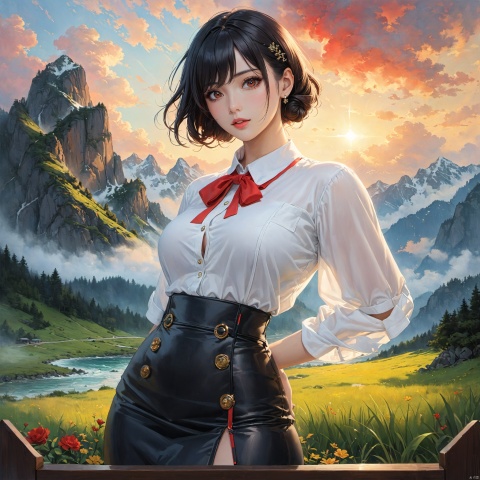  (realistic:1.3),masterpiece,best quality,masterpiece,best quality,realistic style,highest detailed,
1 girl,black hair,big eyes,beatiful face,big breasts,Fashionable wave hairstyle, modern white-collar hairstyle, light makeup with a bright red lining, minimalist jewelry, wearing a low cut white short sleeved shirt, black short suit skirt, high heels
Landscape, Mountains, Nature, Clouds, Nature, Leisure, Illustration
