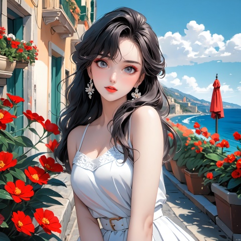  Sicilia, Malena,(masterpiece), (best quality),illustration, ultra detailed, hdr, Depth of field, colorful,1980,
Italy,Seaside streets, blue sky,
1girl,Italian girl, 26 years old,flower,black hair,big eyes,beatiful face,big breasts,Fashionable wave hairstyle, light makeup with a bright red lining, minimalist jewelry, white high heels,mature sister, elegant,White retro Hepburn skirt