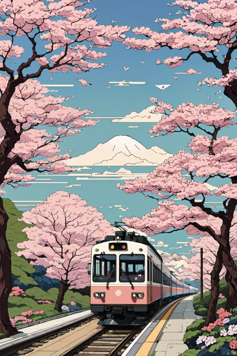  Ukiyoe_style,anime art style,flat_style,simple_colors,masterpiece,{{{best_quality}}},{{ultra-detailed}},{illustration},an_extremely_delicate_and_beautiful}},close_to_viewer,breeze,Gorgeous and rich graphics,flower, no humans, cherry blossoms, ground vehicle, scenery, motor vehicle, car, vehicle focus, train