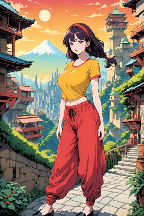 Retro anime art style,1girl,pov,Sheeta,sheeta of Castle in the Sky,Lucita Toel Ul Laputa,Sheeta black hair,braided pigtails with red hair ties,(pure Yellow short sleeved top:1.3),(orange waistband),cloth waistband,Twists braids,short Twists braids,knickerbockers,loose red pants,Red cloth headband,(Loose red harem pants:1.2),black flat shoes,revealing ankles,red hairbands,smiling,curious and adventurous expression,anime style,detailed,vibrant colors,
A majestic floating city inspired by 'Castle in the Sky', suspended high above the clouds in a serene sky. The city features lush greenery and intricate, old-world architecture reminiscent of an ancient civilization mixed with fantastical elements. Towering stone structures with verdant vines creeping over them, windmills, and suspension bridges connecting various segments of the city. Streets are bustling with lively markets and quaint, cobblestone pathways. Glowing crystal orbs provide light, casting a soft luminescence over the city. Below, the landscape spreads out in a breathtaking view of rolling hills and distant mountains. The atmosphere is one of tranquil harmony, embodying a utopian society where technology and nature coexist beautifully,
long legs,huge breasts,slender waist,hot,Slutty,horny,charming,muscle,
sandman,by jeremy mann,by sandra chevrier,by dave mckean and richard avedon and maciej kuciara,
- High-quality photography,
- Master's work,
- Detailed face description,
- Fashionable woman,
- Vibrant colors,
- Confident expression,
- Majestic environmental elements,
- Photography,
- Center of focus is fashion, line art,ghibli
,high contrast