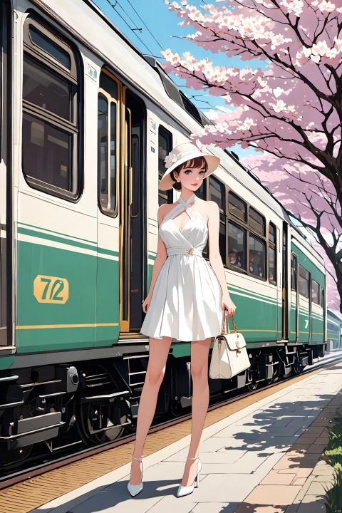 Ukiyoe_style,anime art style,flat_style,simple_colors,masterpiece,{{{best_quality}}},{{ultra-detailed}},{illustration},an_extremely_delicate_and_beautiful}},close_to_viewer,breeze,Gorgeous and rich graphics,flower, cherry blossoms, ground vehicle, scenery, motor vehicle, vehicle focus, train station,train,Travel, confidence, handbag
1 girl,shiny skin,huge breasts,big eyes,beautiful face,looking_at_viewer,smile,perfect figure,(slender waist:1.2),(long legs:1.3),model figure,Illustration,1980s (style),
White dress, like Audrey Hepburn, elegant and sexy posture, high heels,
