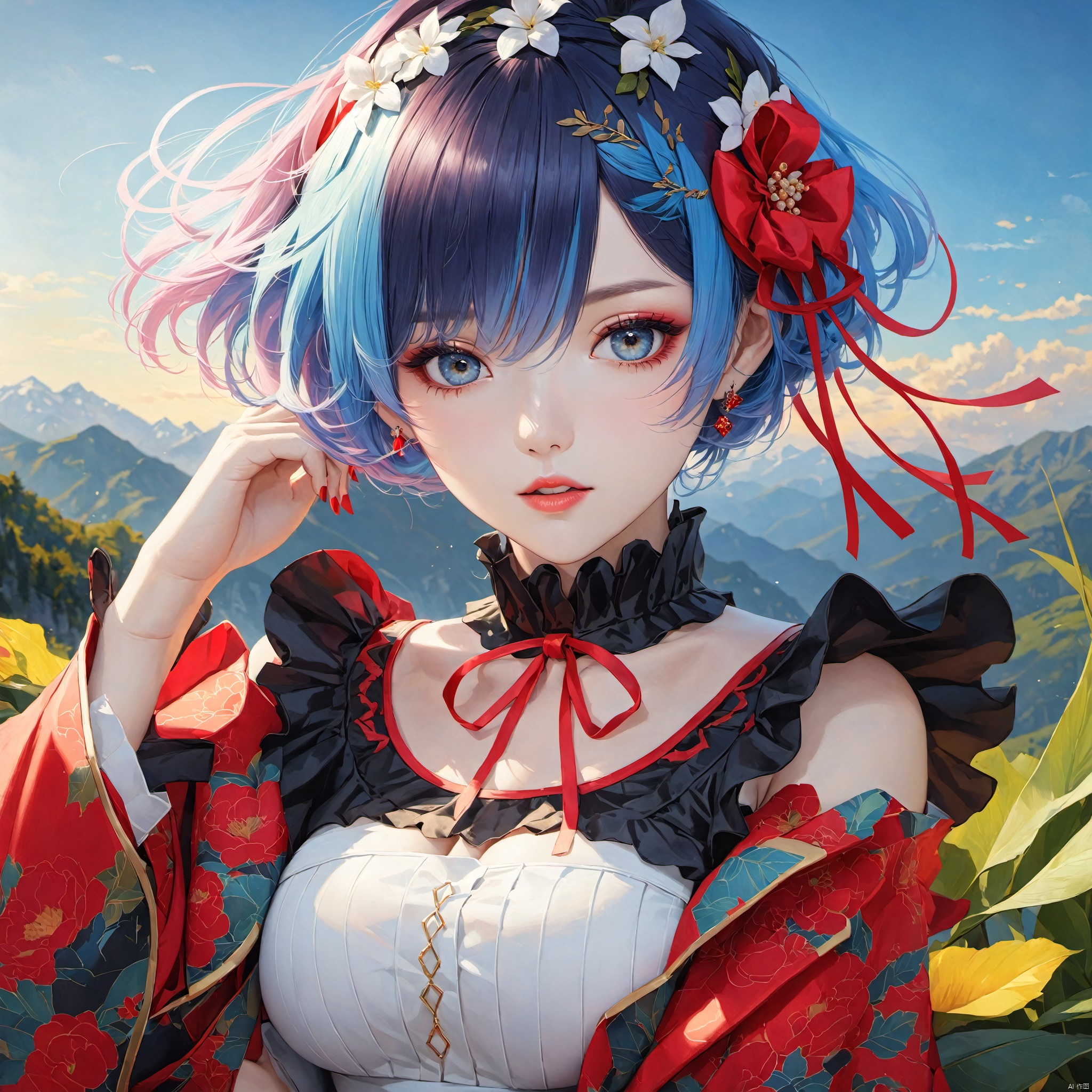 (realistic:1.3),masterpiece,best quality,masterpiece,best quality,realistic style,highest detailed,(rem:1.8),blue hair,
1 girl,black hair,big eyes,beatiful face,big breasts,Fashionable wave hairstyle, modern white-collar hairstyle, light makeup with a bright red lining, minimalist jewelry, wearing a low cut white short sleeved shirt, black short suit skirt, high heels
Landscape, Mountains, Nature, Clouds, Nature, Leisure, Illustration