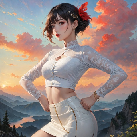  (realistic:1.3),masterpiece,best quality,masterpiece,best quality,realistic style,highest detailed,
1 girl,black hair,big eyes,beatiful face,big breasts,Fashionable wave hairstyle, modern white-collar hairstyle, light makeup with a bright red lining, minimalist jewelry, wearing a low cut white short sleeved shirt, black short suit skirt, high heels
Landscape, Mountains, Nature, Clouds, Nature, Leisure, Illustration