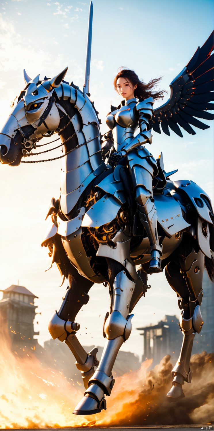  Female knight, tall figure, wearing armor, look to the front, riding a tall horse.,,firearms, , wings, mechanical,Mecha, MAJICMIX STYLE