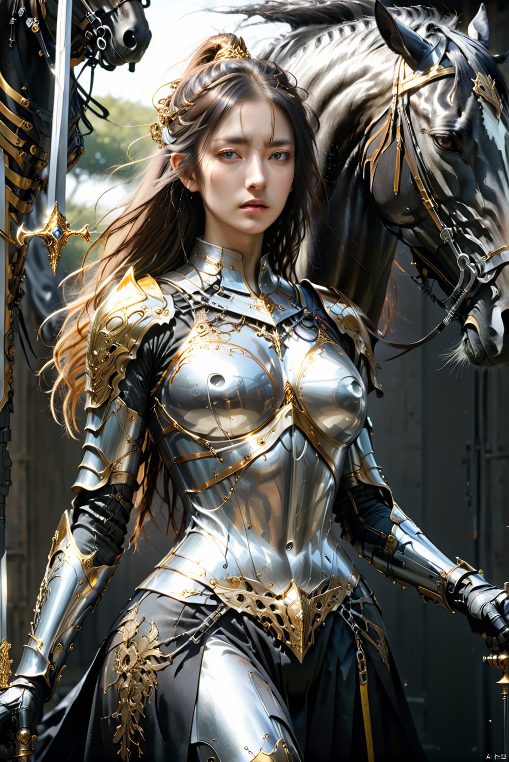  Female knight, tall figure, wearing golden armor,only exposed eyes, she held a silver sword, to the front, a tall black horse standing behind her., ananmo, ((cyborg dress and mechanic elements)), CRGF, bailing_light element, MAJICMIX STYLE
