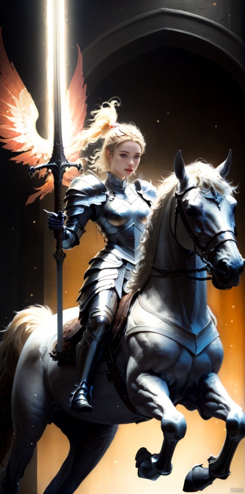  Female knight, tall figure, wearing armor, she held a sword, to the front, riding a tall horse., , HUBG_Beauty_Girl, wings