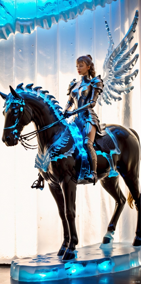  Female knight, tall figure, wearing armor, look to the front, riding a tall horse., , wings, bailing_ice_sculpture